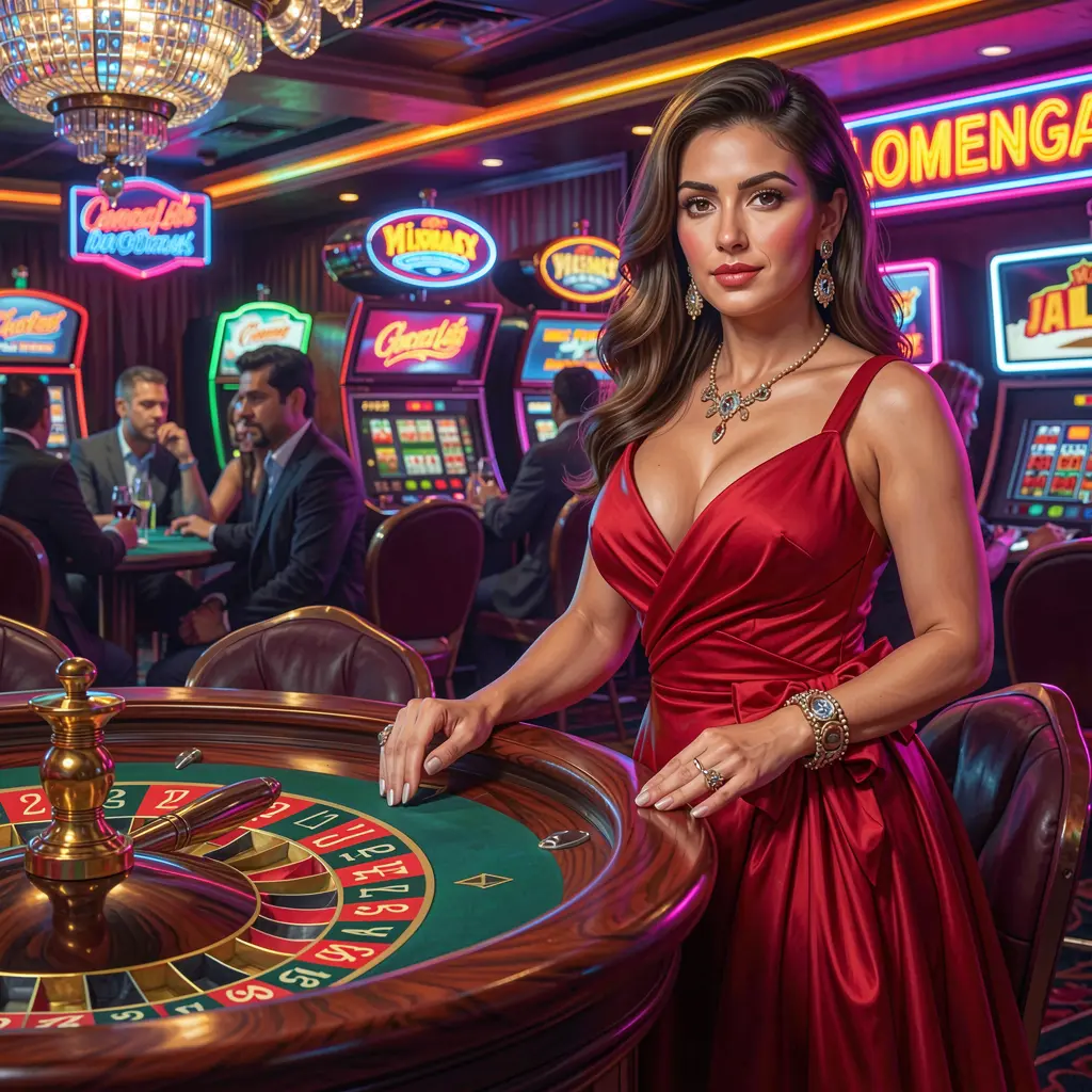Mujer elegante con un vestido inspirado en la tradición mexicana de pie en una luminosa atmósfera de casino con máquinas tragamonedas que representan la experiencia de juego de alta calidad en MX522 México MX522 – Vive la ruleta moderna y los juegos de casino en vivo en México